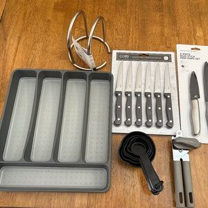 Assorted Kitchenware Items (Knives, measuring Cups, napkin and utensil holder)